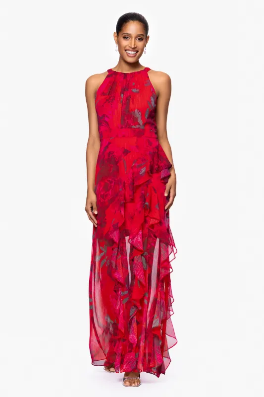 "Ginny" Chiffon Print Floor Length Ruffle Dress sold by Betsy & Adam