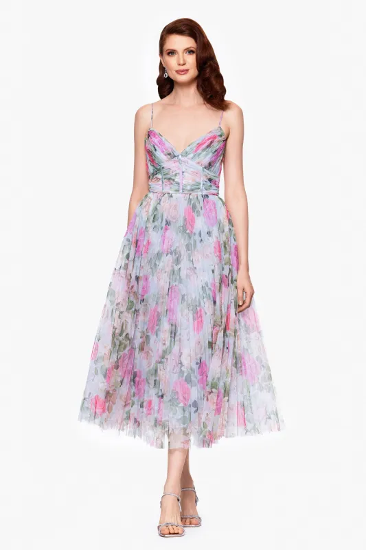 "Molly" Tulle Print Pleated Midi Dress sold by Betsy & Adam