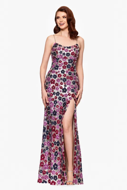 "Miley" Long Floral Sequin Spaghetti Strap Floor Length Dress sold by Betsy & Adam