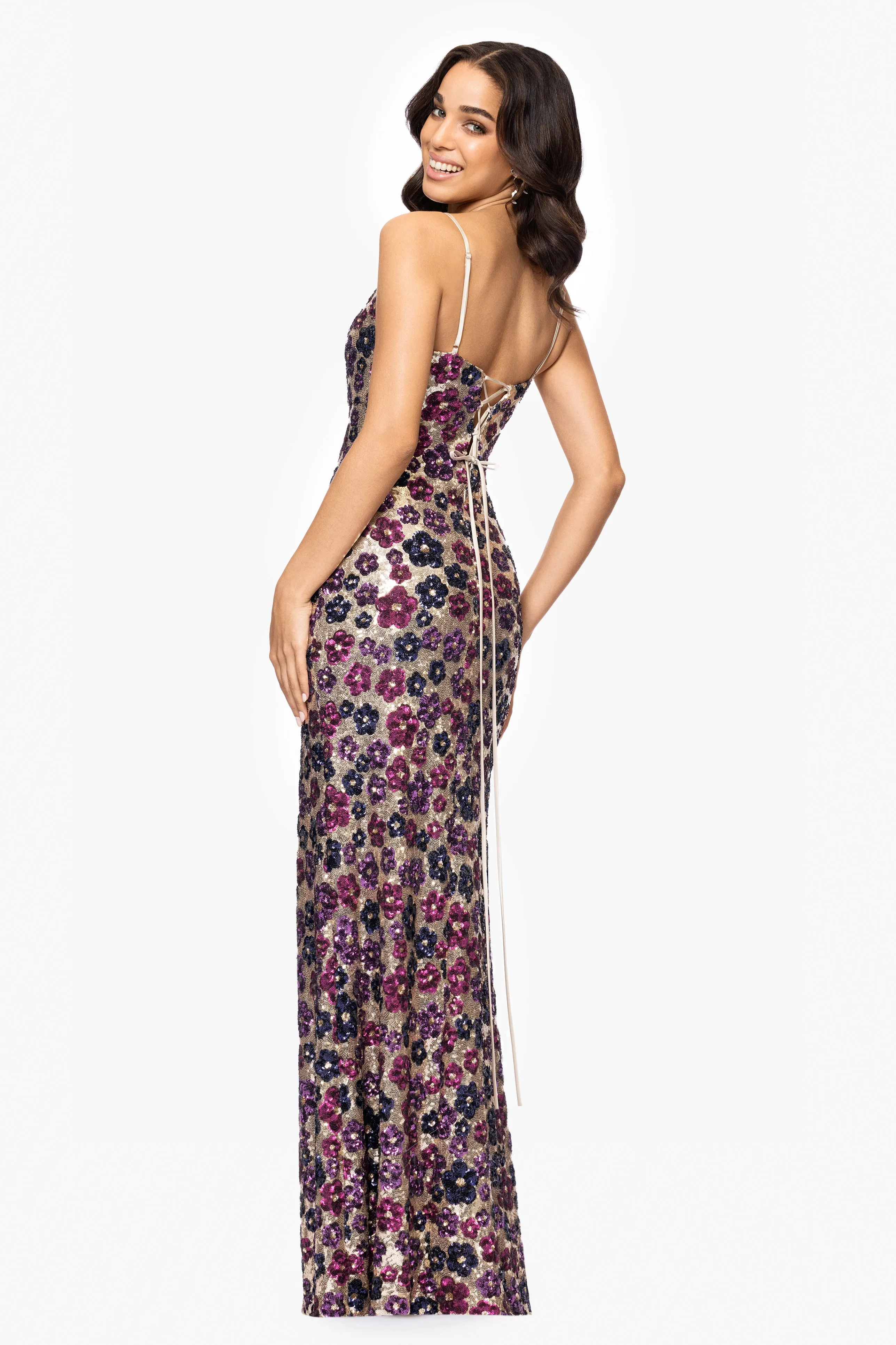 "Miley" Long Floral Sequin Spaghetti Strap Floor Length Dress sold by Betsy & Adam product image thumbnail 3