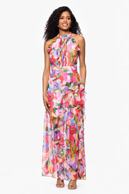 "Joseline" Chiffon Print Floor Length Ruffle Dress sold by Betsy & Adam