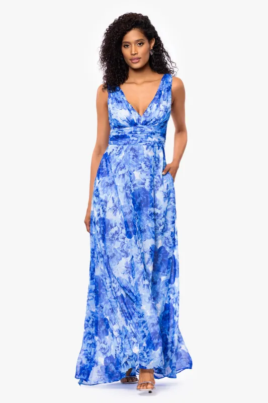 "Jaime" Print Chiffon V-Neck Floor Length Dress sold by Betsy & Adam
