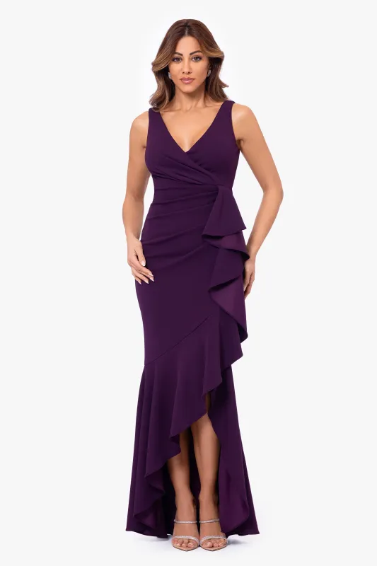 "Candace" Long V- Neck Hi Low Cascade Dress sold by Betsy & Adam