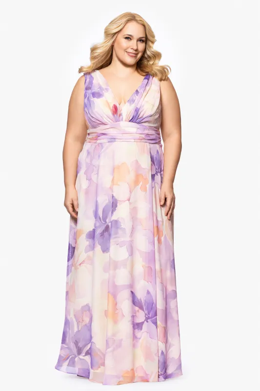 Plus "Kyla" Sleeveless V-Neck Floral Floor Length Chiffon Dress sold by Betsy & Adam