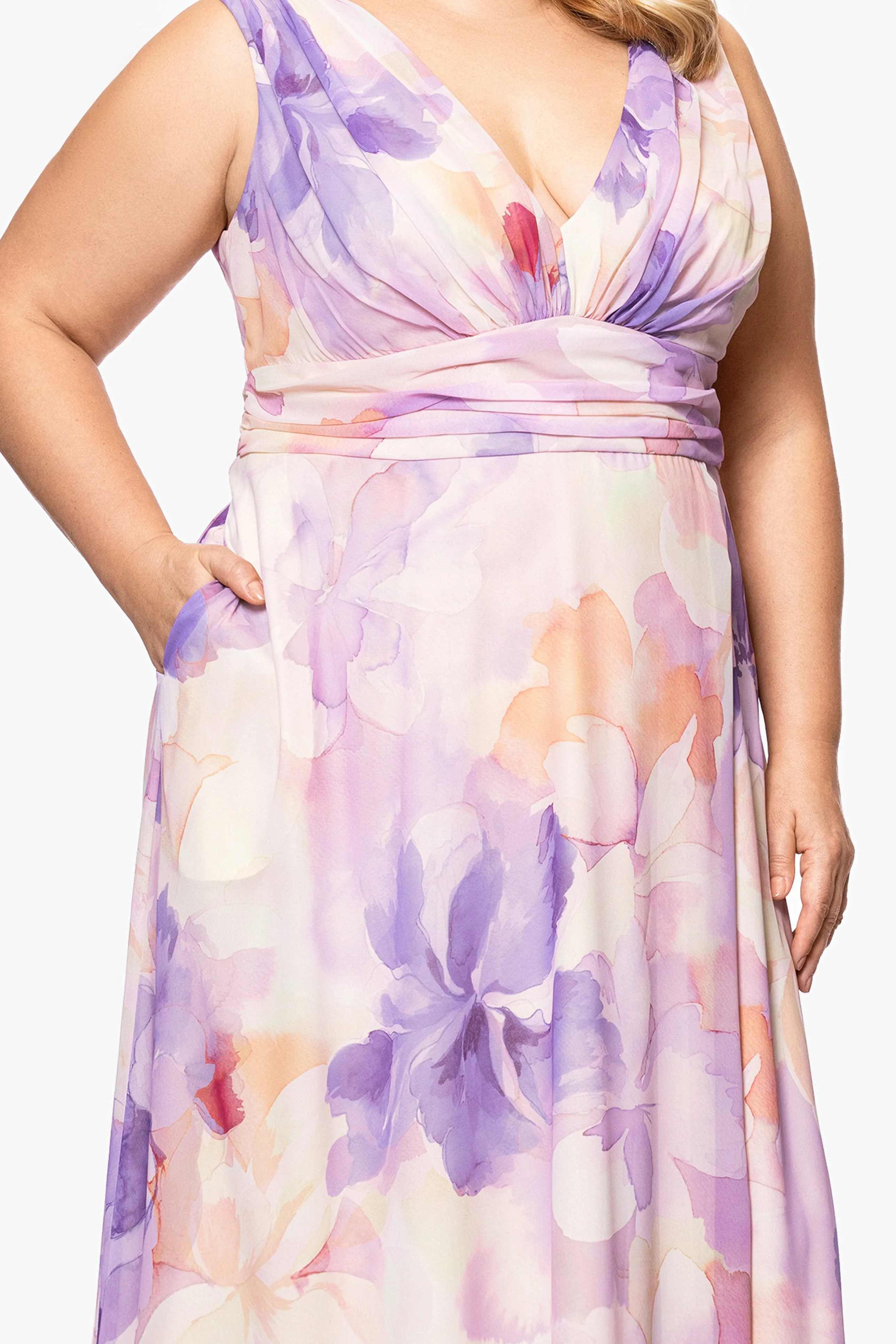 Plus "Kyla" Sleeveless V-Neck Floral Floor Length Chiffon Dress sold by Betsy & Adam product image thumbnail 2