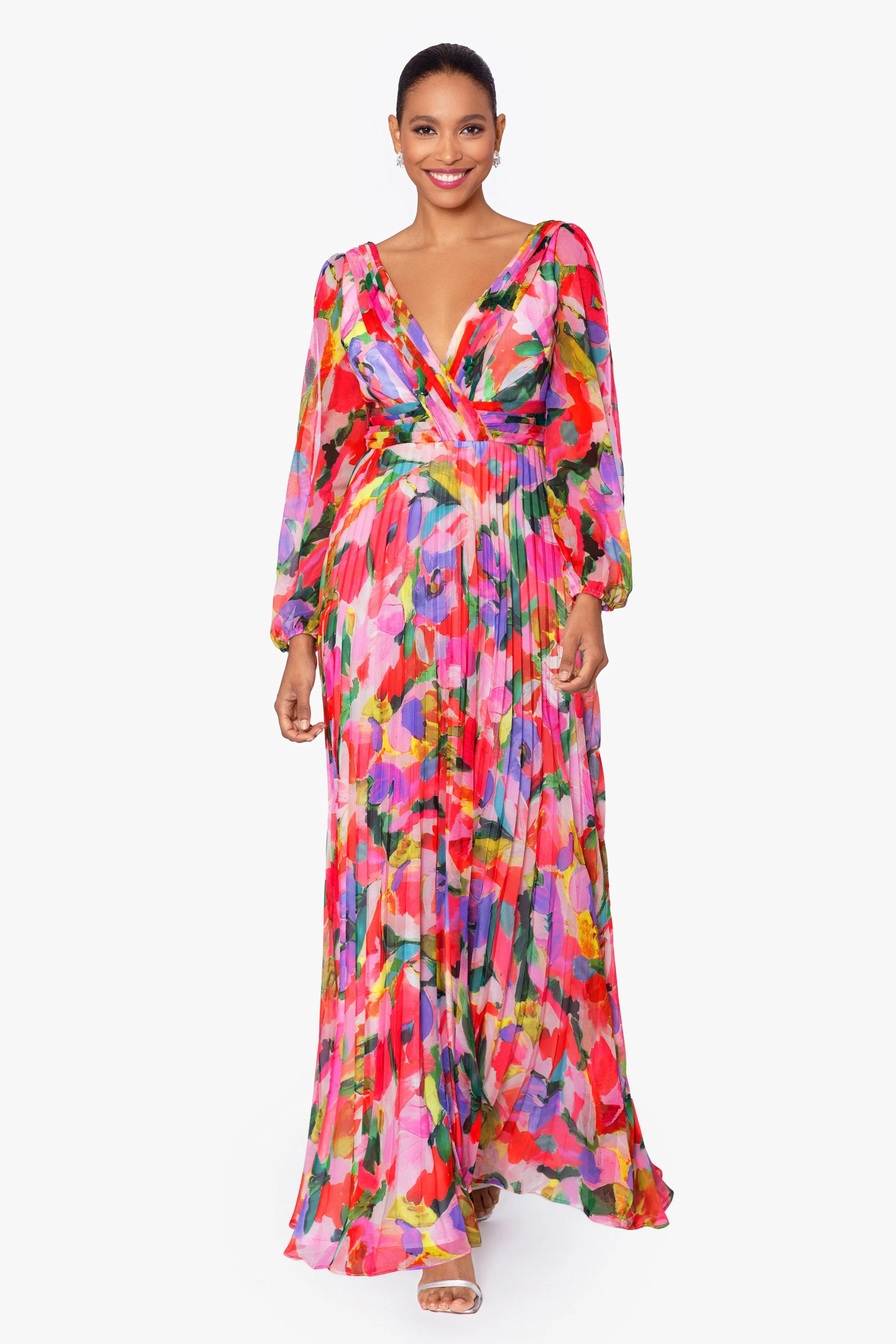 "Amber" Long Sleeve Chiffon Print Floor Length Dress sold by Betsy & Adam