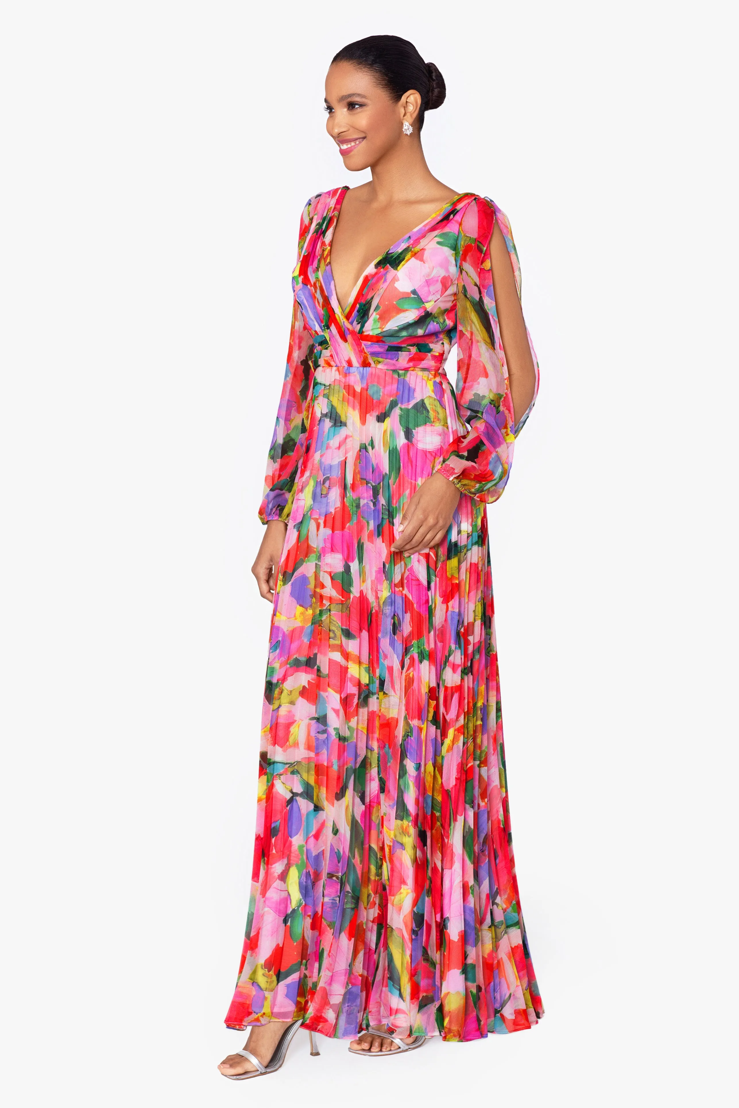 "Amber" Long Sleeve Chiffon Print Floor Length Dress sold by Betsy & Adam product image thumbnail 5