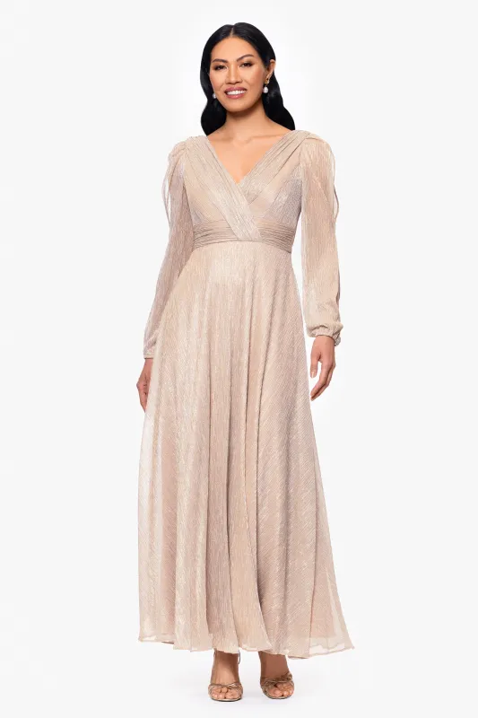 "Cheryl" Long Sleeve V Neck Metallic Knit Floor Length Dress sold by Betsy & Adam