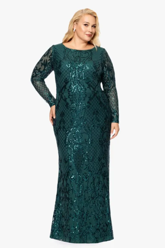 Plus "Nara" Long Sleeve Sequin Placement Gown sold by Betsy & Adam