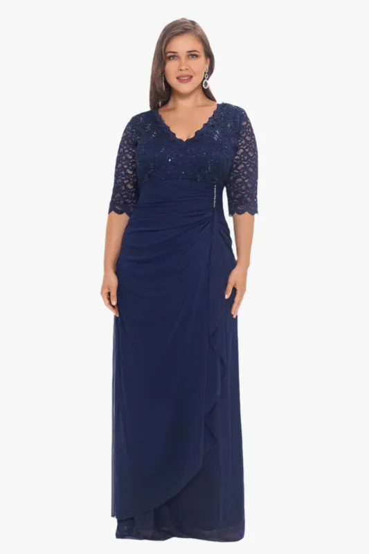Plus "Johanna" 3/4 Sleeve Sheer Matte Jersey Long Dress sold by Betsy & Adam