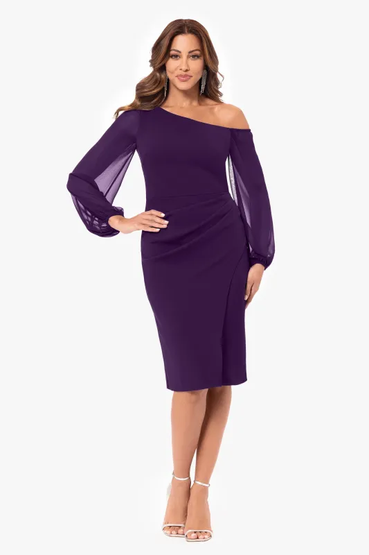"Alara" Knee Length Off the Shoulder Mesh Long Sleeve Scuba Crepe Dress sold by Betsy & Adam
