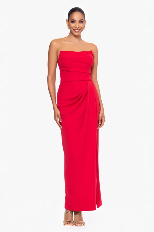 "Flora" Long Scuba Crepe Strapless Corset Top Rouched Dress sold by Betsy & Adam