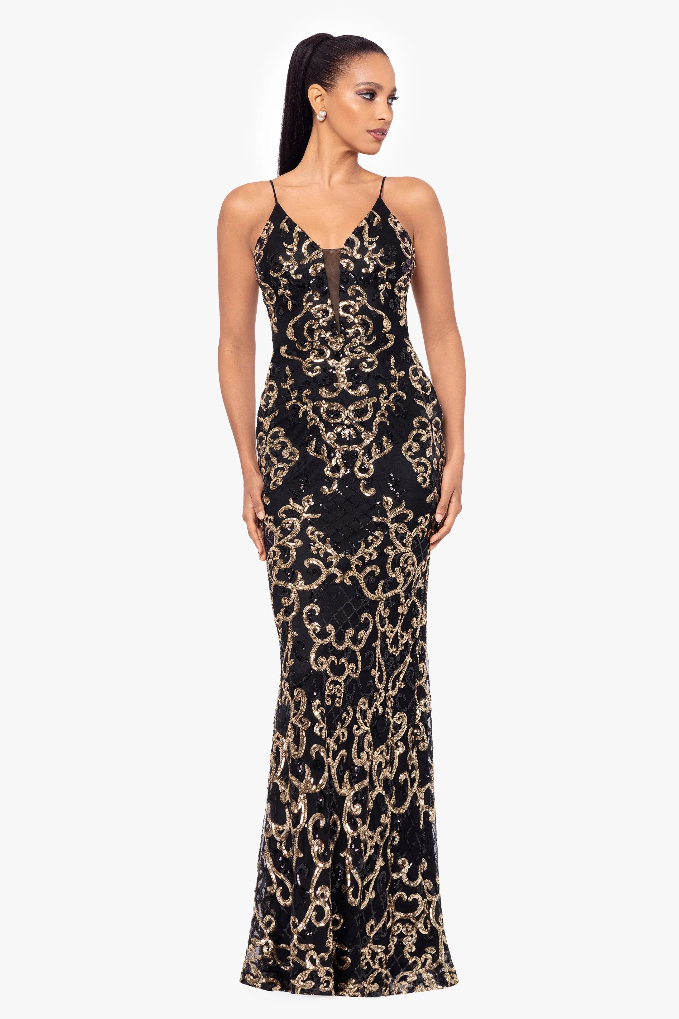 "Jolene" Long Sequin Placement Spaghetti Strap Floor Length Dress sold by Betsy & Adam