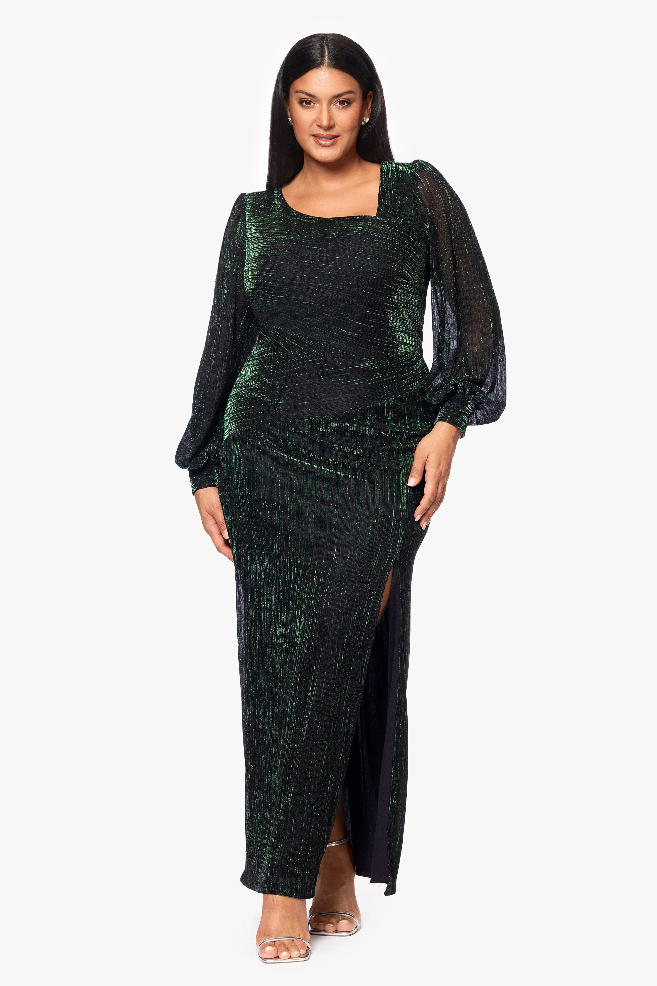 Plus "Siobhan" Long Metallic Long Sleeve Asymmetrical Neckline Dress sold by Betsy & Adam