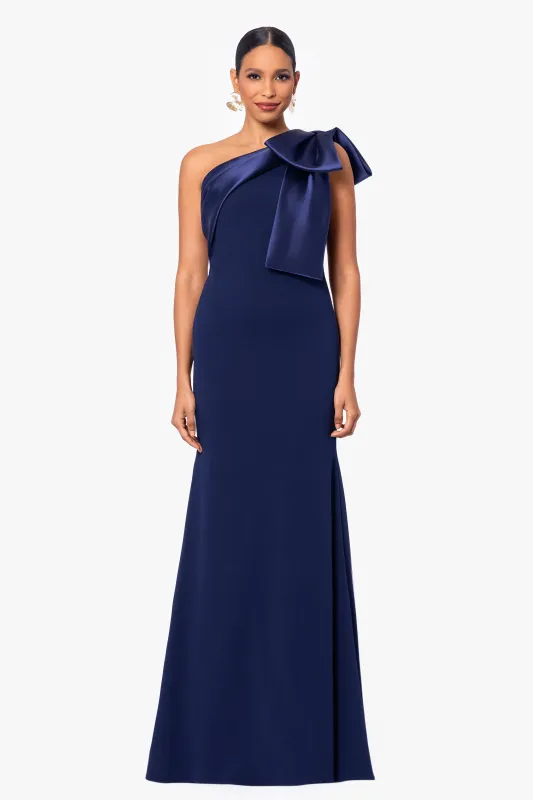 "Carmela" Long Scuba Crepe Dress with Satin Bow sold by Betsy & Adam