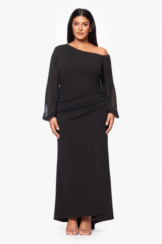 Plus "Donna" Long Off the Shoulder Illusion Sleeve Dress sold by Betsy & Adam