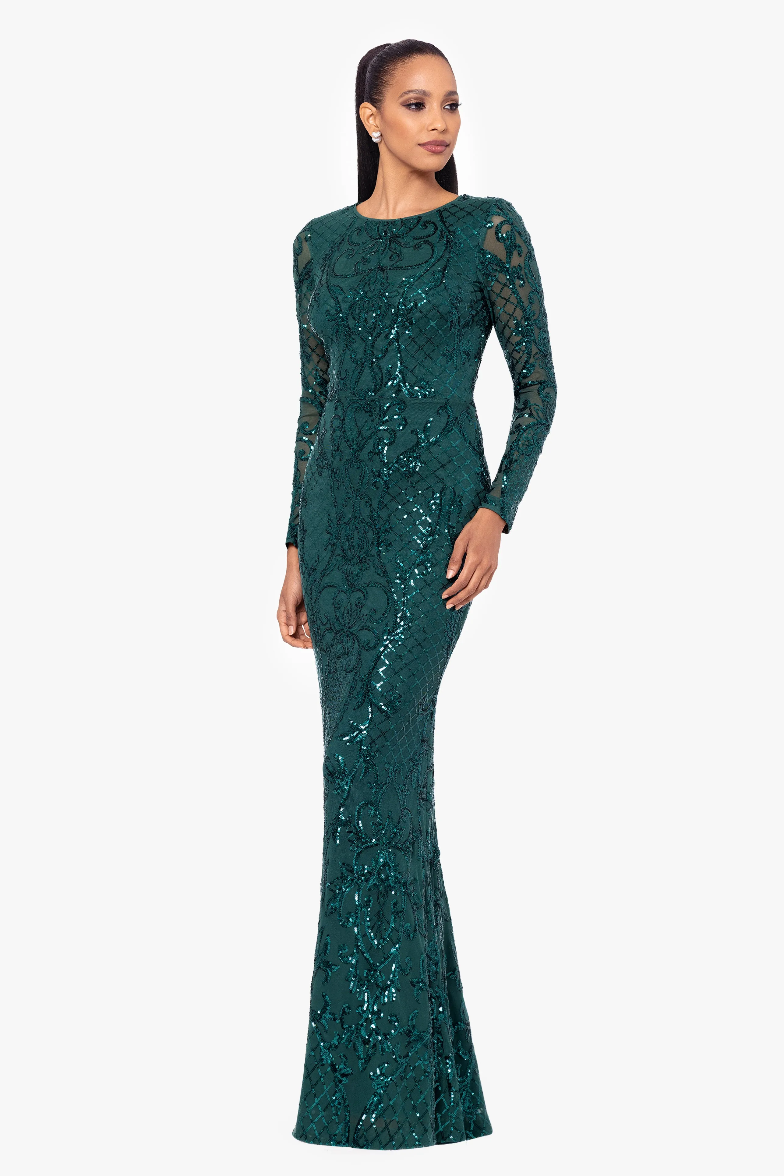 "Nara" Long Sleeve Sequin Placement Gown sold by Betsy & Adam product image thumbnail 4