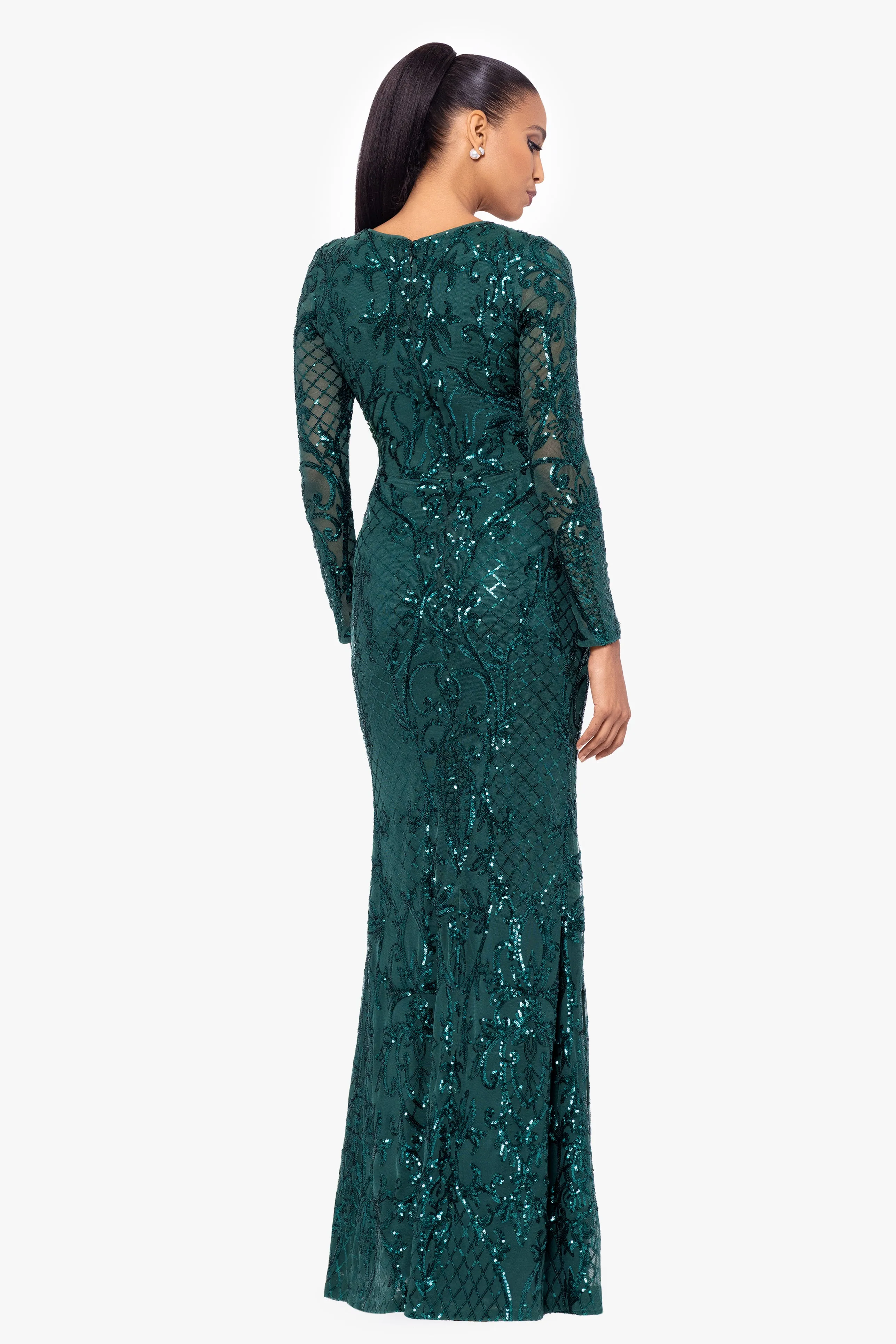 "Nara" Long Sleeve Sequin Placement Gown sold by Betsy & Adam product image thumbnail 3