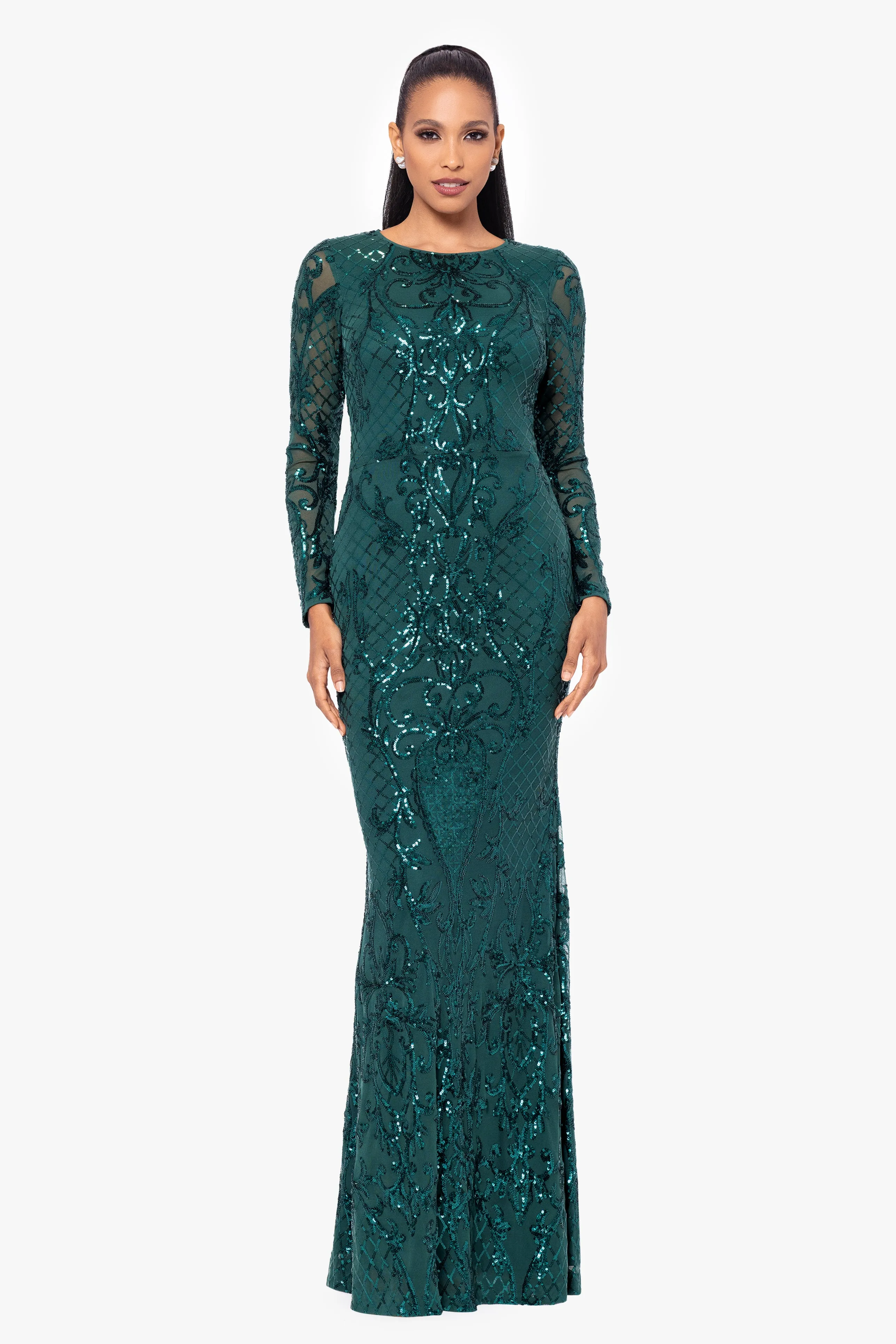 "Nara" Long Sleeve Sequin Placement Gown sold by Betsy & Adam