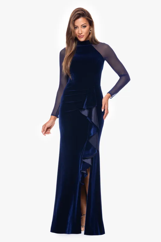 "Valentina" Long Velvet Mesh Illusion Sleeve Dress sold by Betsy & Adam