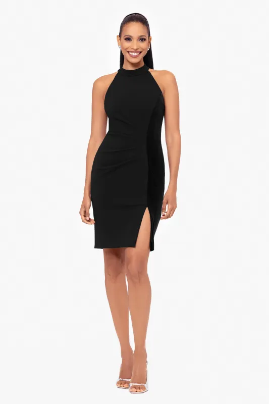 "Mariana" Short Halter Neck Scuba Crepe and Velvet Stripe Dress sold by Betsy & Adam