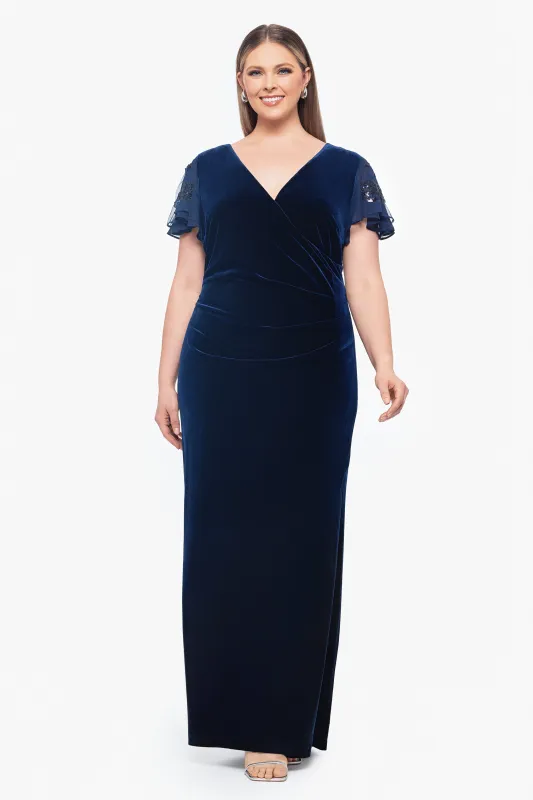 Plus "Carolina" Long Velvet V-Neck Sequin Sleeve Dress sold by Betsy & Adam