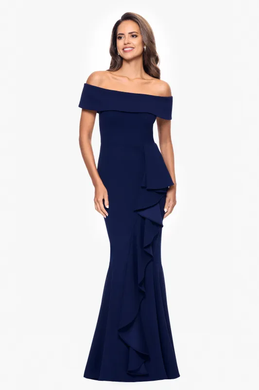 Petite "Carina" Long Off the Shoulder Ruffle Dress sold by Betsy & Adam