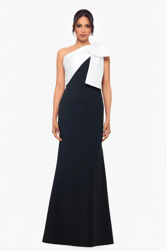 "Carmela" Long Scuba Crepe Dress with Satin Bow sold by Betsy & Adam