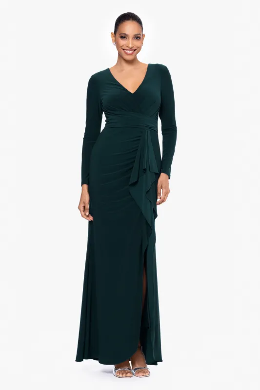 "Elle" Long Sleeve Side Ruffled Slit Gown sold by Betsy & Adam