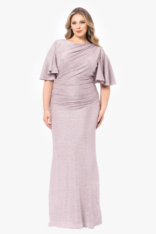Plus "Demetria" Long Metallic Flutter Sleeve Dress sold by Betsy & Adam