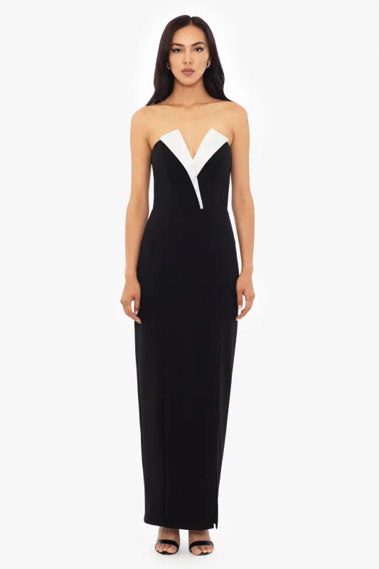 "Violette" Long Strapless V Neck Tuxedo Dress made by Betsy & Adam