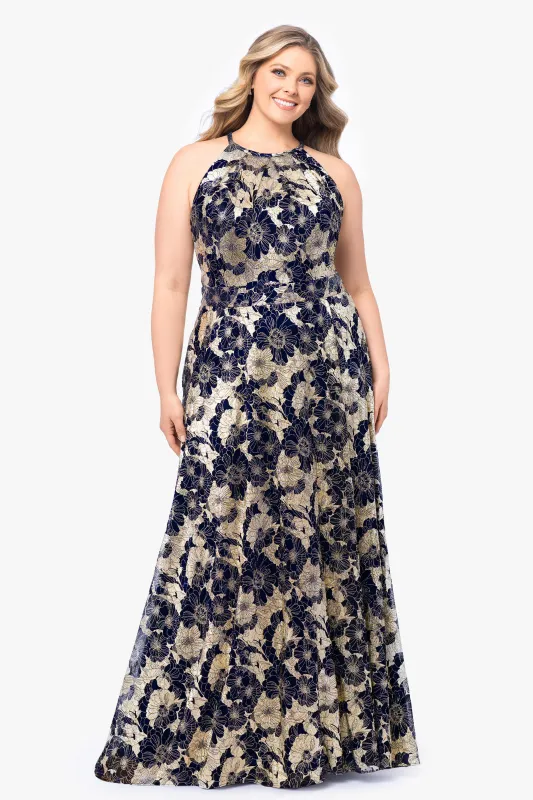 Plus "Layla" Long Halter Top Wrap Foil Print Dress sold by Betsy & Adam