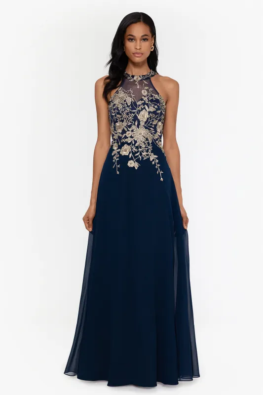 Petite "Celeste" Long Embroidered Chiffon Gown sold by Betsy & Adam