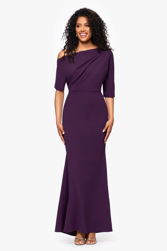 "Madeline" Long Scuba Crepe Off the Shoulder Drop Dress sold by Betsy & Adam