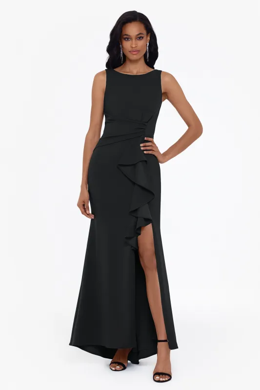 Petite "Christine" Scuba Crepe Ruffled Bow Gown made by Betsy & Adam