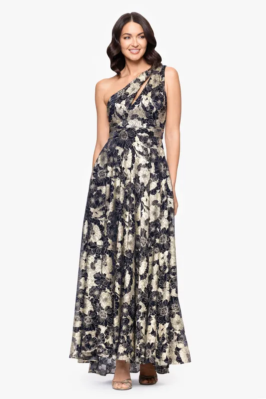 "Gwen" Long One Shoulder Wrap Foil Flower Dress sold by Betsy & Adam