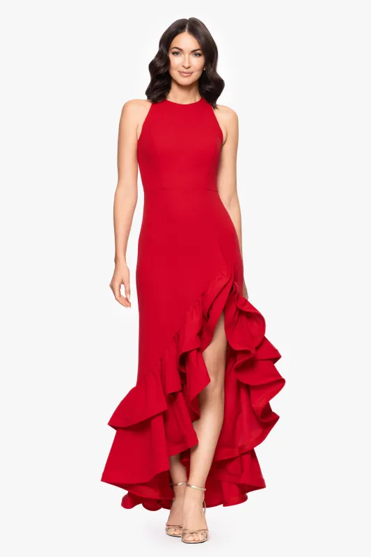 "Arielle" Scuba Crepe Ruffle Slit Gown sold by Betsy & Adam