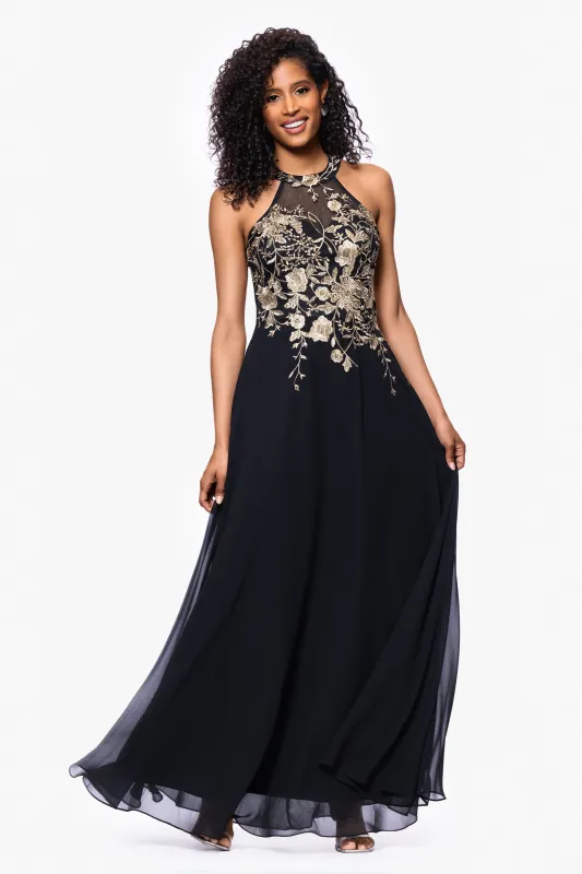 "Celeste" Long Embroidered Chiffon Gown sold by Betsy & Adam