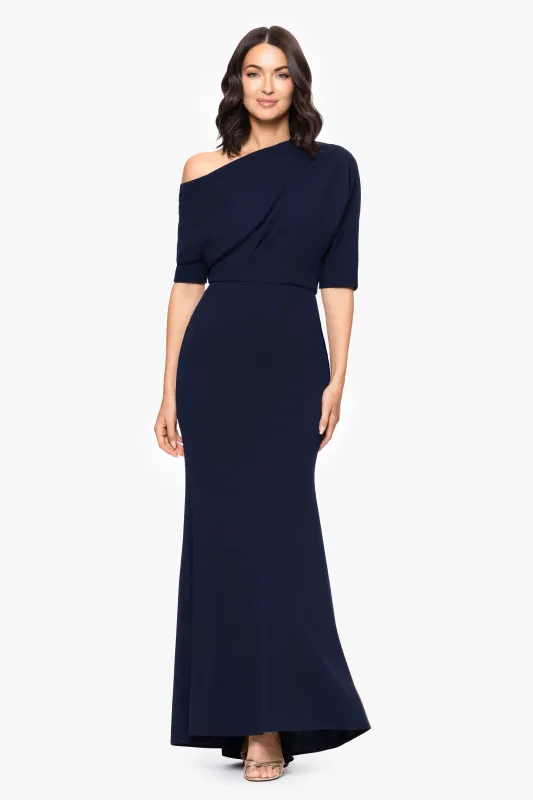 "Madeline" Long Scuba Crepe Off the Shoulder Drop Dress sold by Betsy & Adam