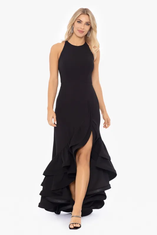 "Arielle" Scuba Crepe Ruffle Slit Gown sold by Betsy & Adam
