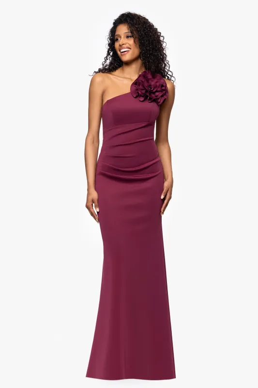 "Sharon" Techno Scuba One Shoulder Flower Floor Length Dress sold by Betsy & Adam