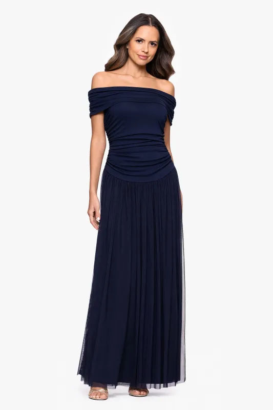"Moraya" Jersey Off the Shoulder Rouched Floor Length Dress sold by Betsy & Adam
