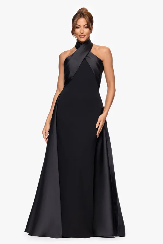 "Dina" Scuba Crepe Twist Halter Neck Floor Length Gown sold by Betsy & Adam