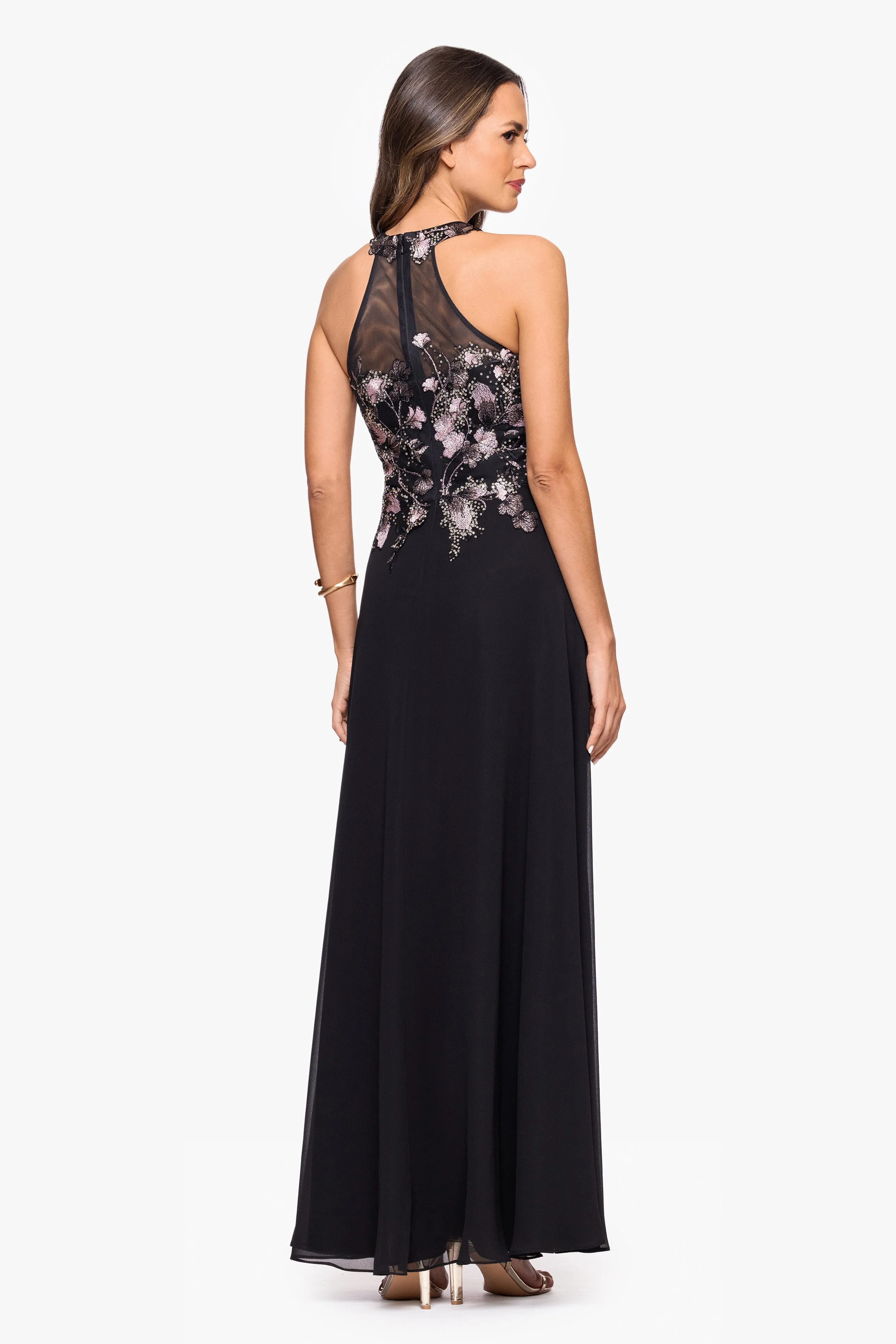 "Maryse" Chiffon Embroidered Bodice Floor Length Dress sold by Betsy & Adam product image thumbnail 3