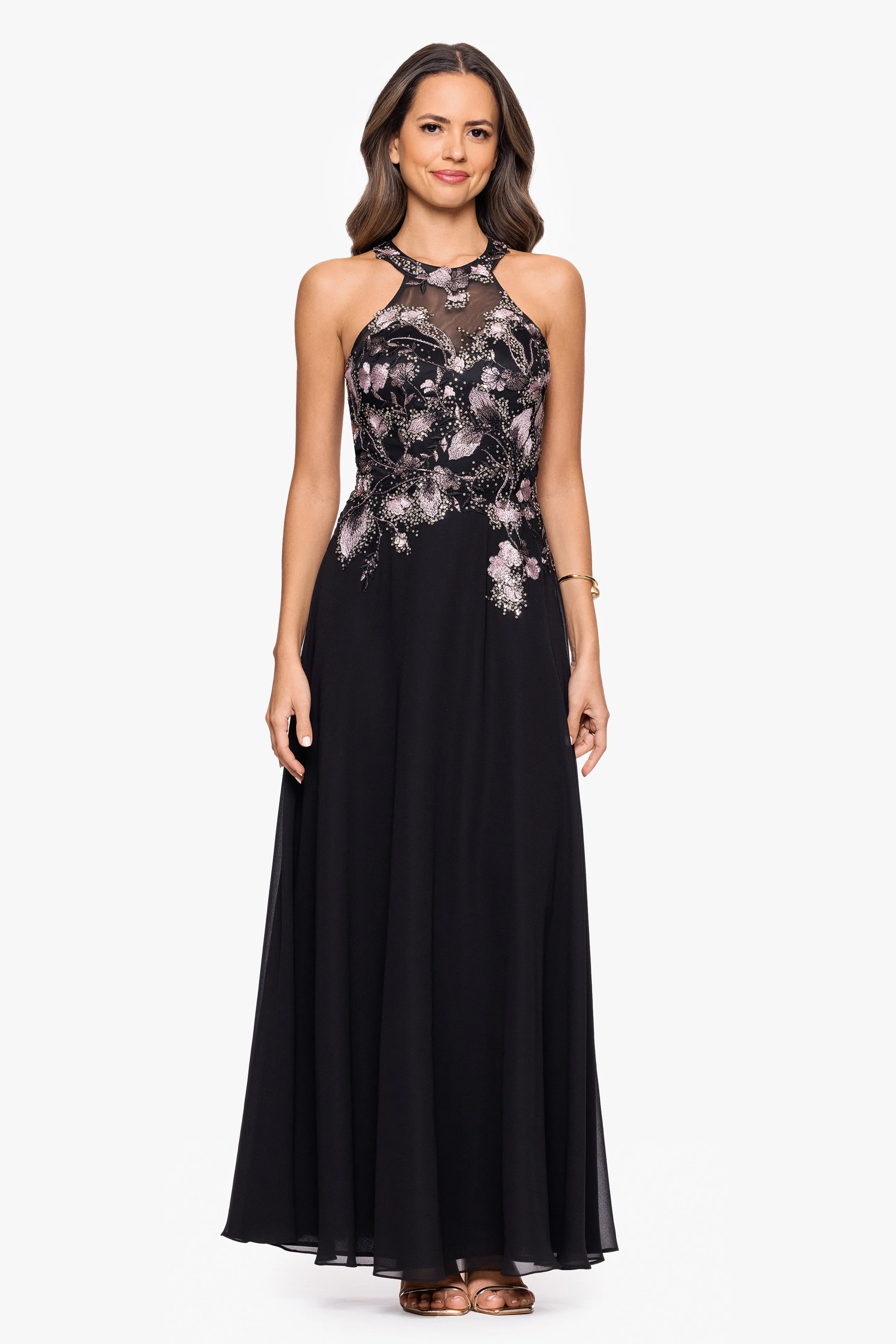 "Maryse" Chiffon Embroidered Bodice Floor Length Dress sold by Betsy & Adam