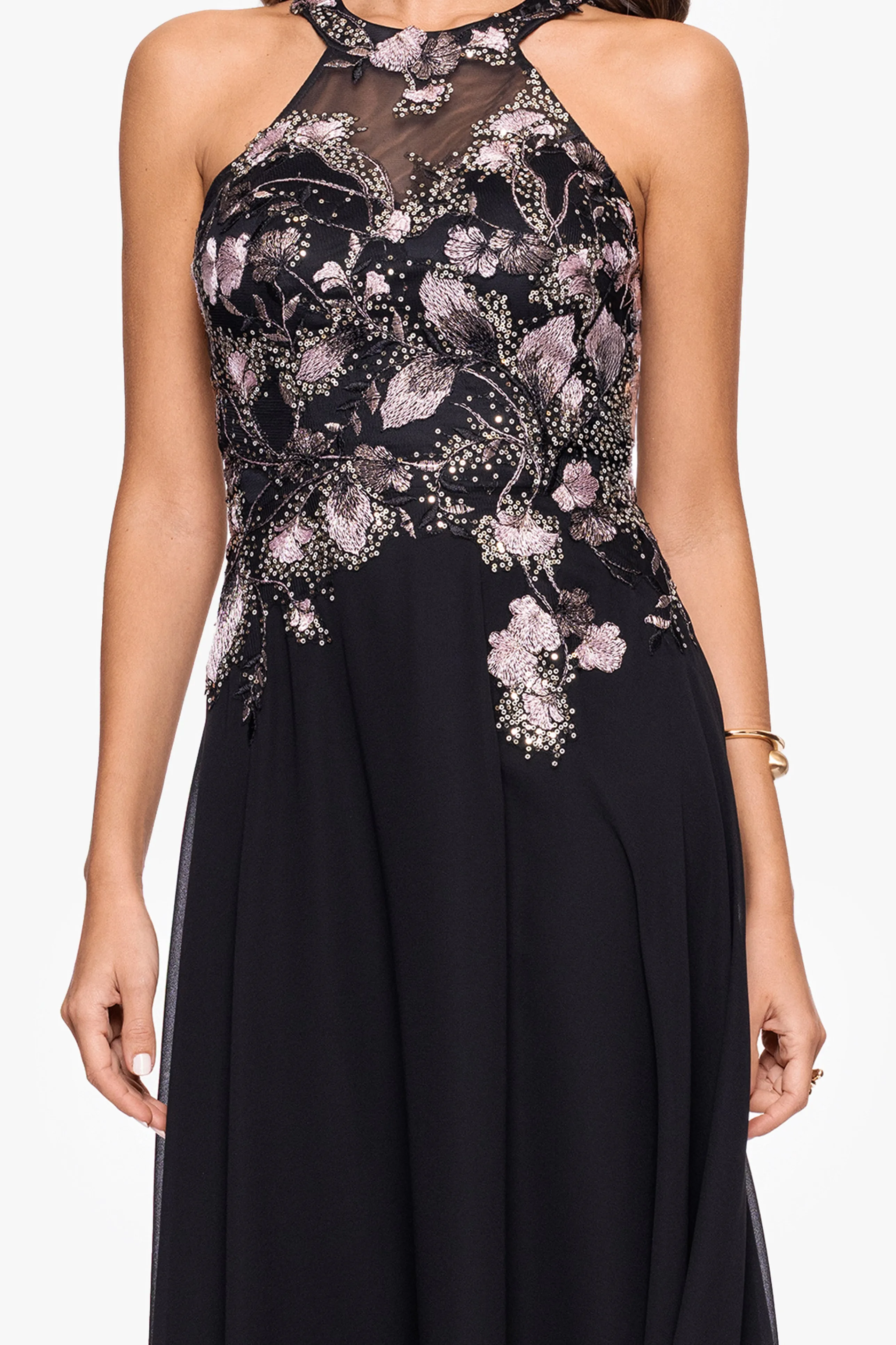 "Maryse" Chiffon Embroidered Bodice Floor Length Dress sold by Betsy & Adam product image thumbnail 2