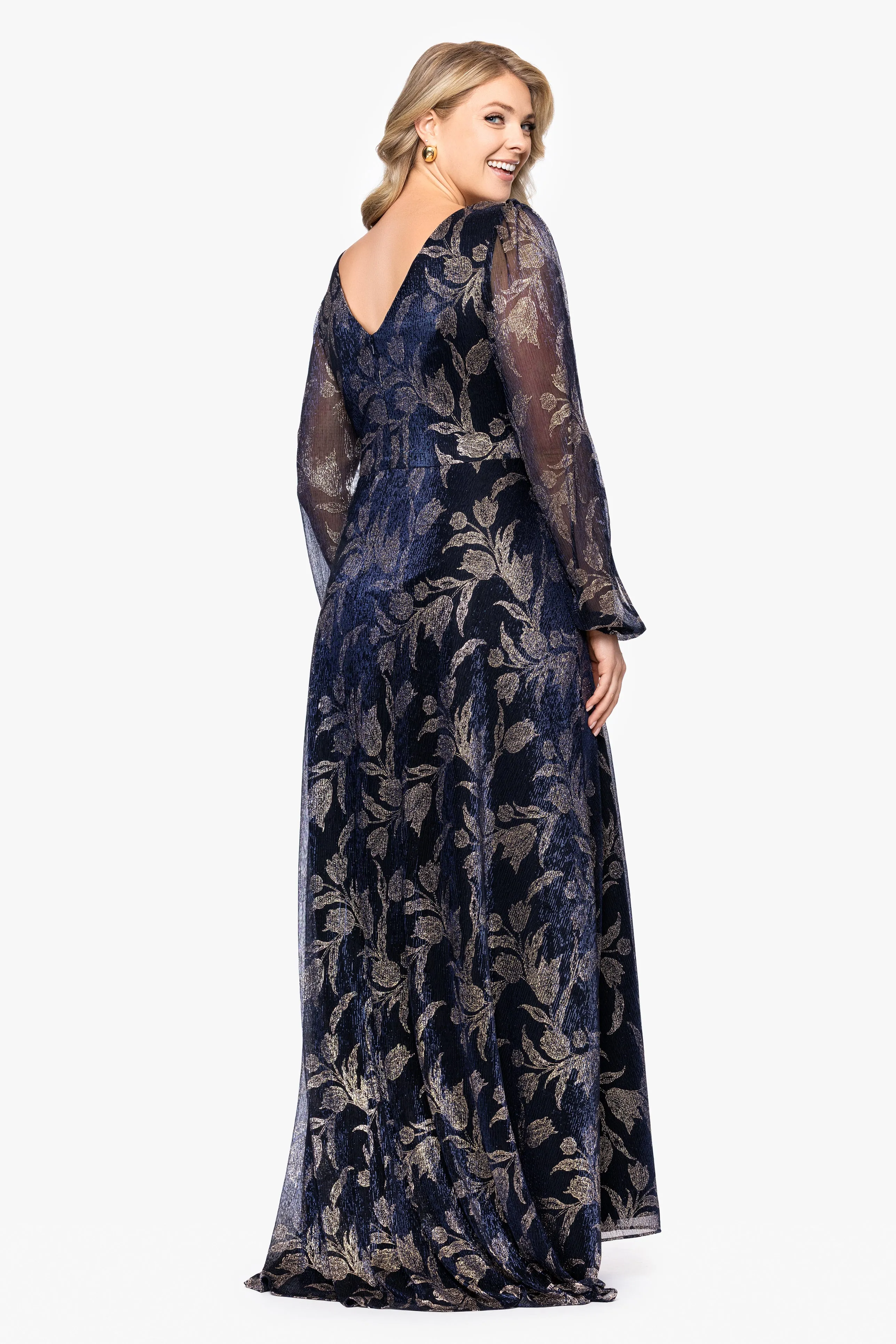 Plus "Elisabeth" Foil Print V-Neck Long Sleeve Floor Length Dress sold by Betsy & Adam product image thumbnail 3