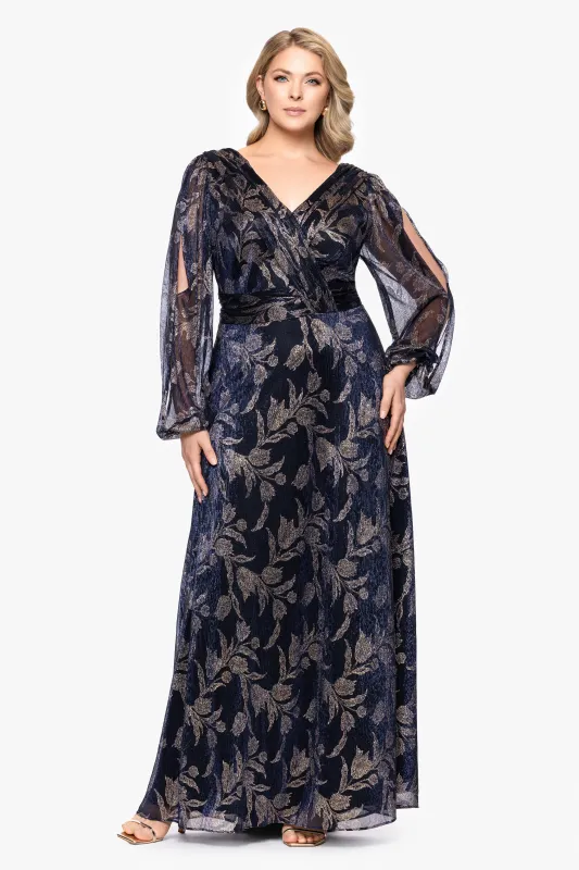 Plus "Elisabeth" Foil Print V-Neck Long Sleeve Floor Length Dress sold by Betsy & Adam