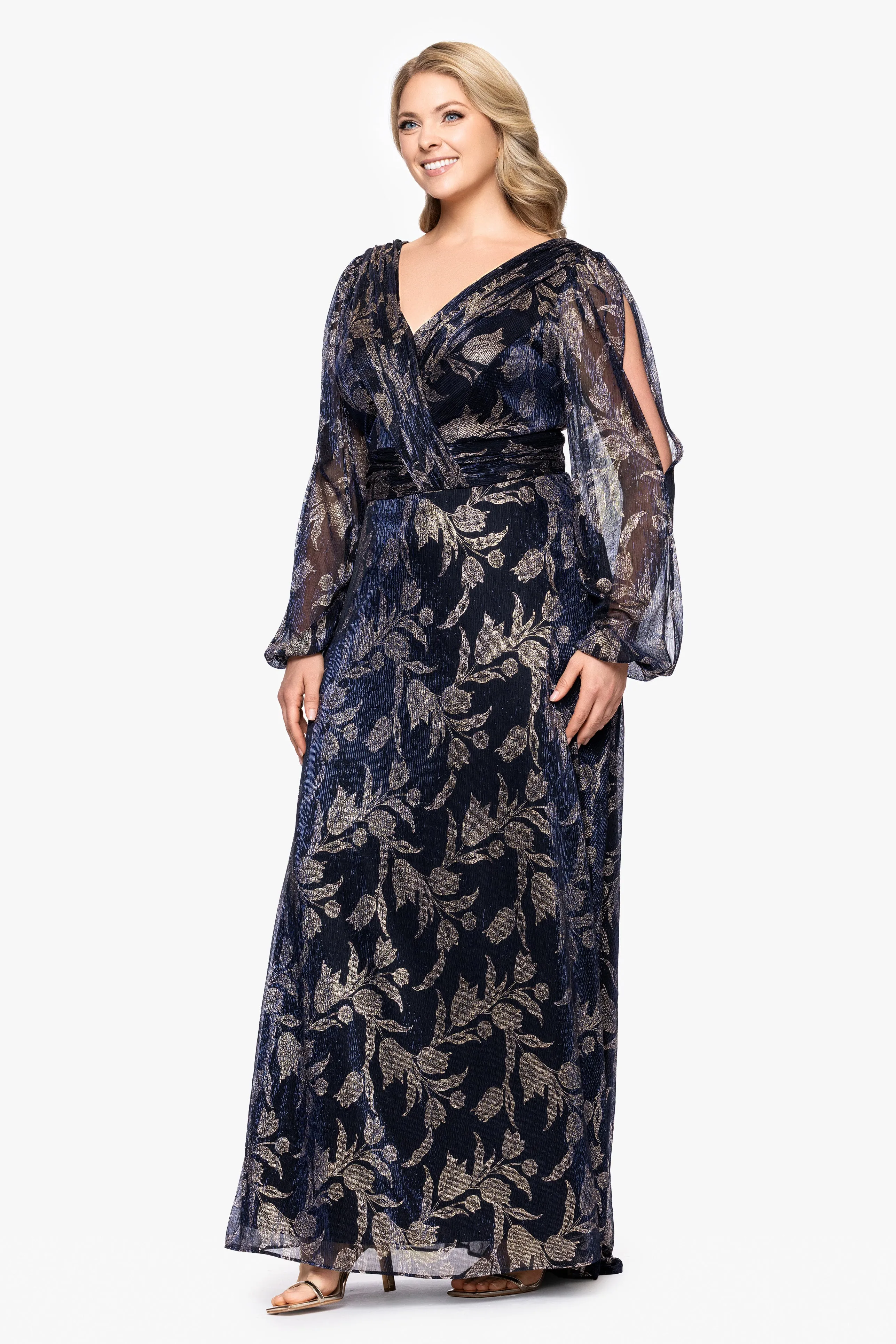 Plus "Elisabeth" Foil Print V-Neck Long Sleeve Floor Length Dress sold by Betsy & Adam product image thumbnail 4