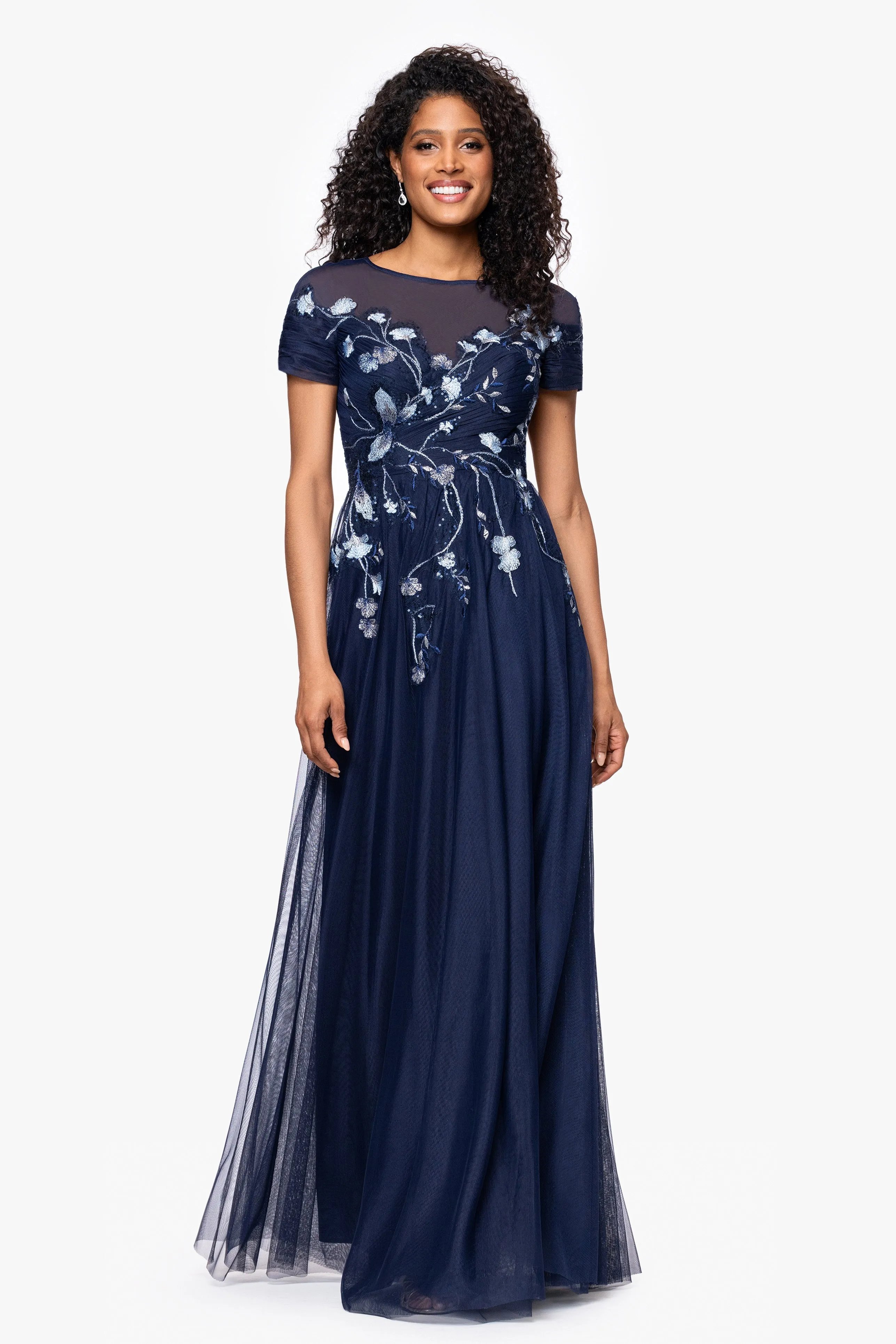 "Aubrey" Mesh Sequin Embellished Short Sleeve Floor Length Dress sold by Betsy & Adam